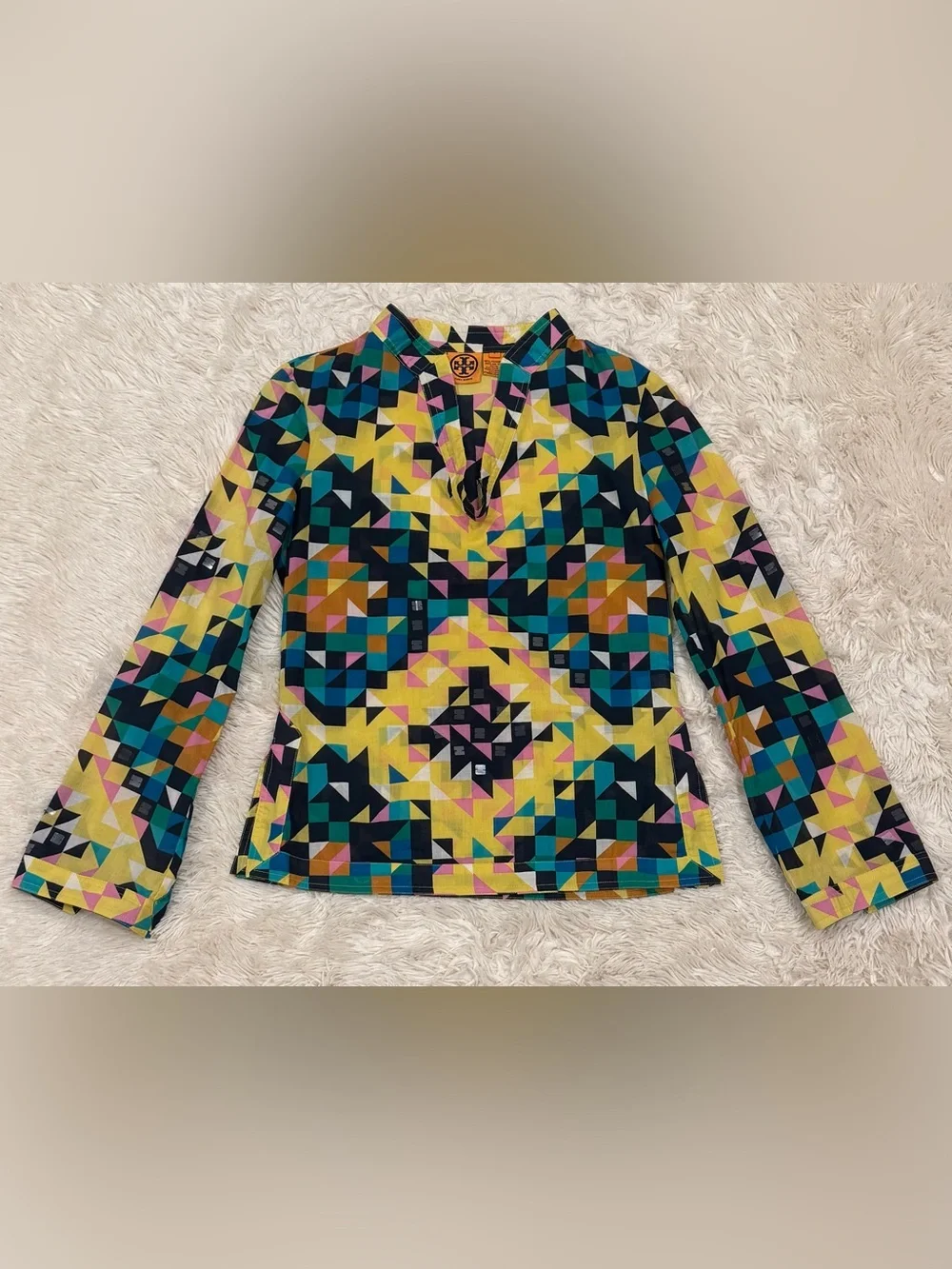 Tory Burch Stephanie Tunic Top 2 Geometric Sequin Cotton Long Sleeve Boho Blouse